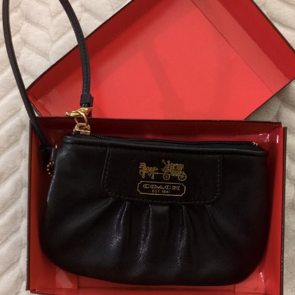 Coach Black Leather Wristlet with Gold Accents